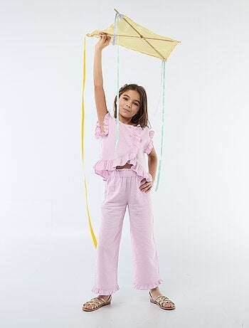 Top con volant in misto lino