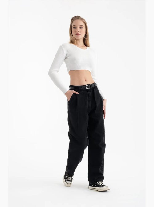 Top corto a maniche lunghe con scollo tondo e coste in maglia hiccup - Kiabi