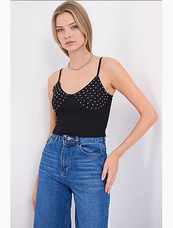 Top corto aderente con scollo a v e decorazioni in pietre bdart