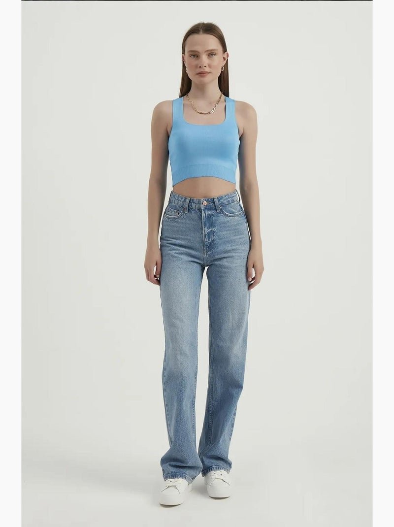 Top corto basic senza maniche con scollo quadrato in tessuto hiccup Blu - Kiabi