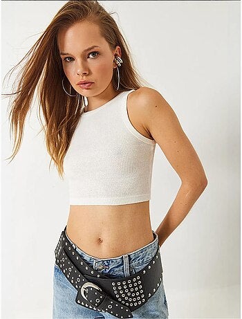 Top corto in cotone a coste con scollo all'americana lucci