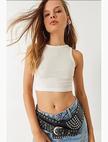 Top corto in cotone a coste con scollo all'americana lucci