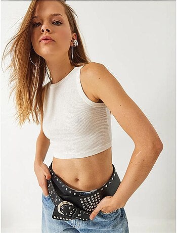 Top corto in cotone a coste con scollo all'americana lucci