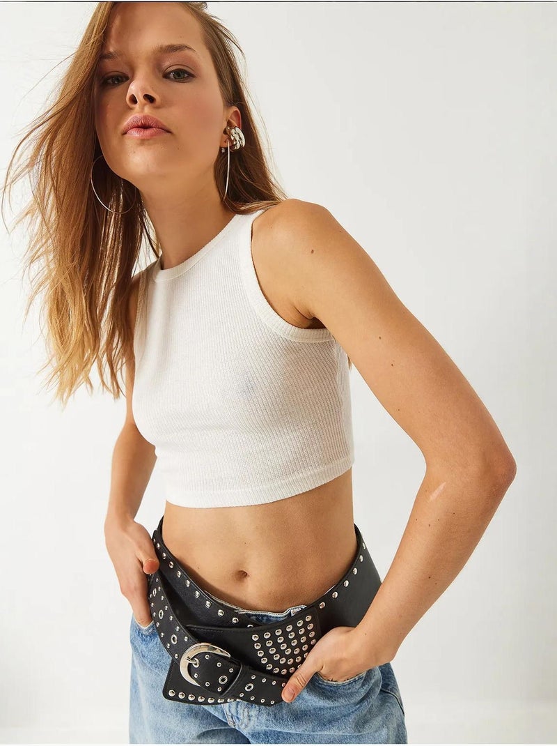 Top corto in cotone a coste con scollo all'americana lucci Beige argilla - Kiabi