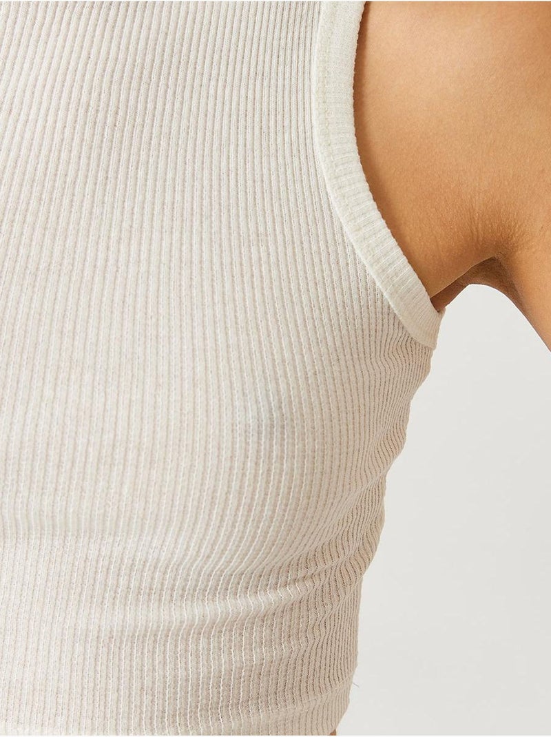 Top corto in cotone a coste con scollo all'americana lucci Beige argilla - Kiabi