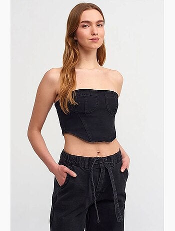 Top corto in denim senza spalline aderente dilvin