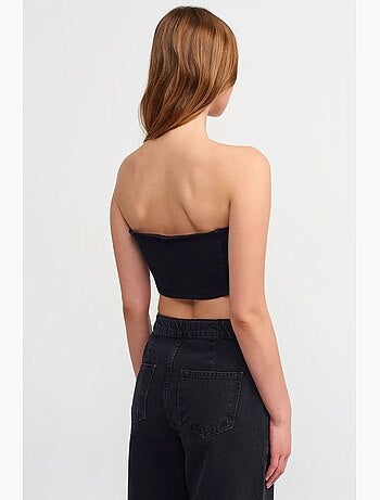 Top corto in denim senza spalline aderente dilvin