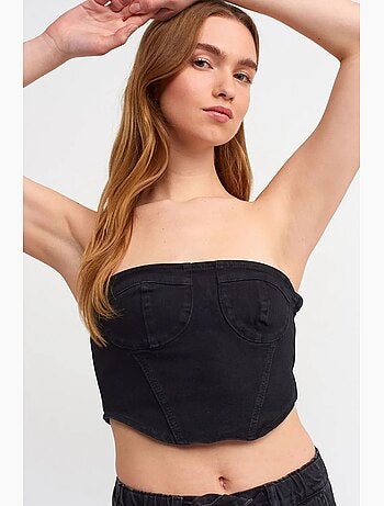 Top corto in denim senza spalline aderente dilvin
