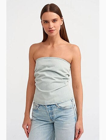 Top corto in denim senza spalline da donna dilvin