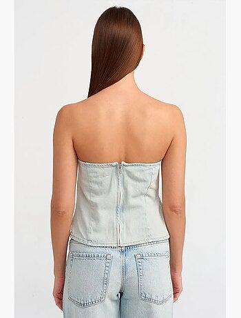 Top corto in denim senza spalline da donna dilvin