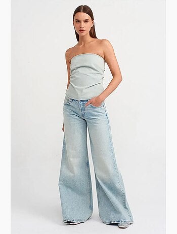 Top corto in denim senza spalline da donna dilvin