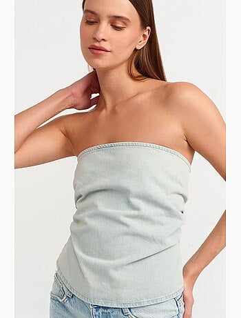 Top corto in denim senza spalline da donna dilvin