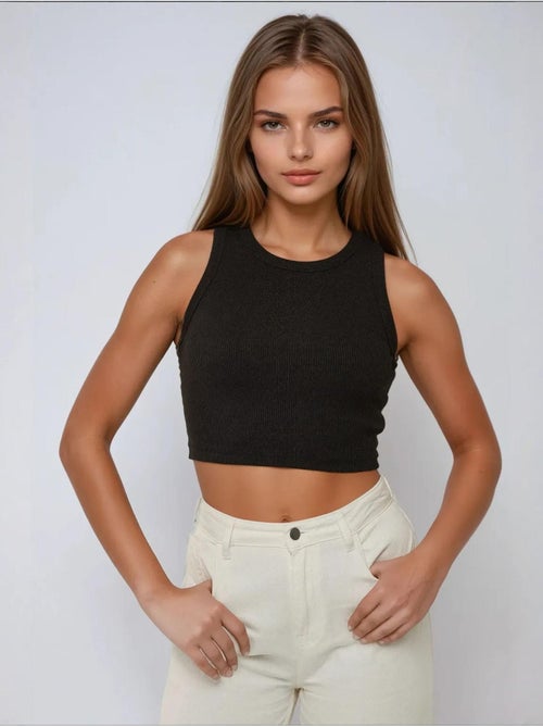 Top corto in maglia a coste senza maniche con scollo a girocollo hiccup - Kiabi Top corto in maglia a coste senza maniche con scollo a girocollo hiccup - Kiabi