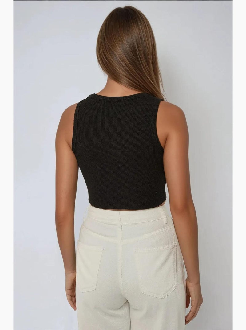 Top corto in maglia a coste senza maniche con scollo a girocollo hiccup Nero - Kiabi