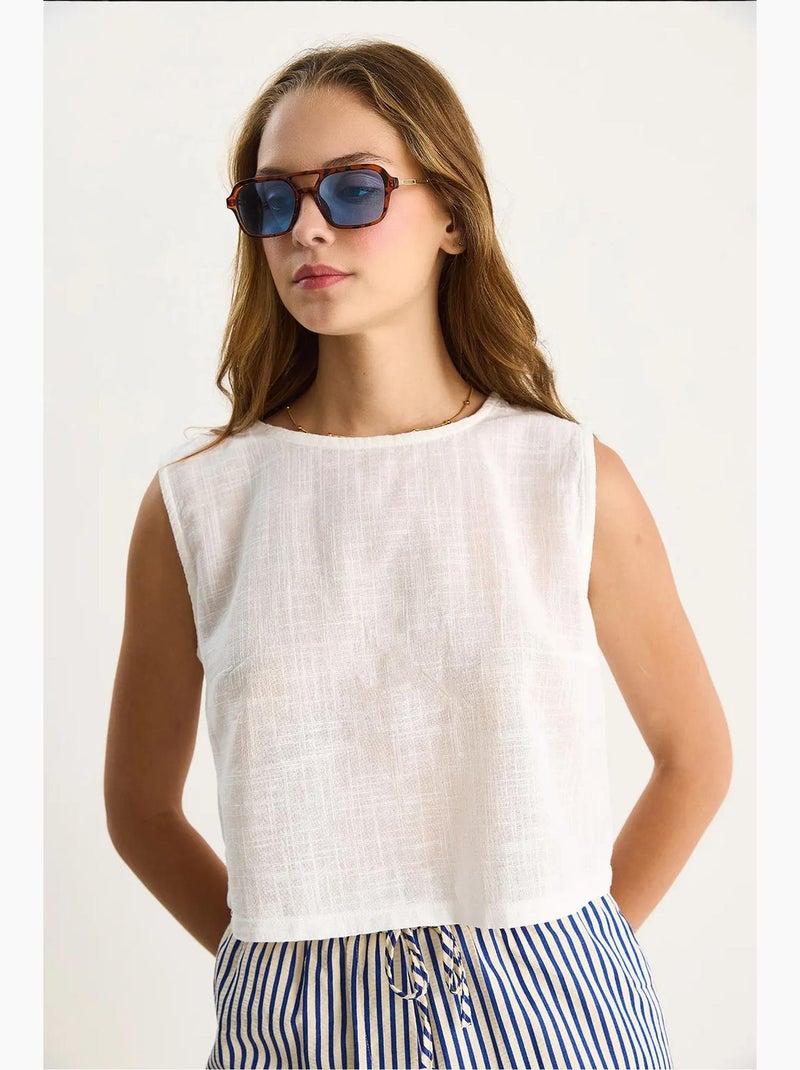 Top corto in misto lino girocollo lucci Bianco - Kiabi