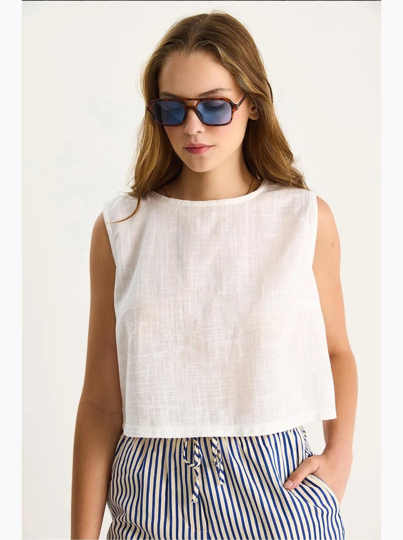 Top corto in misto lino girocollo lucci Bianco - Kiabi