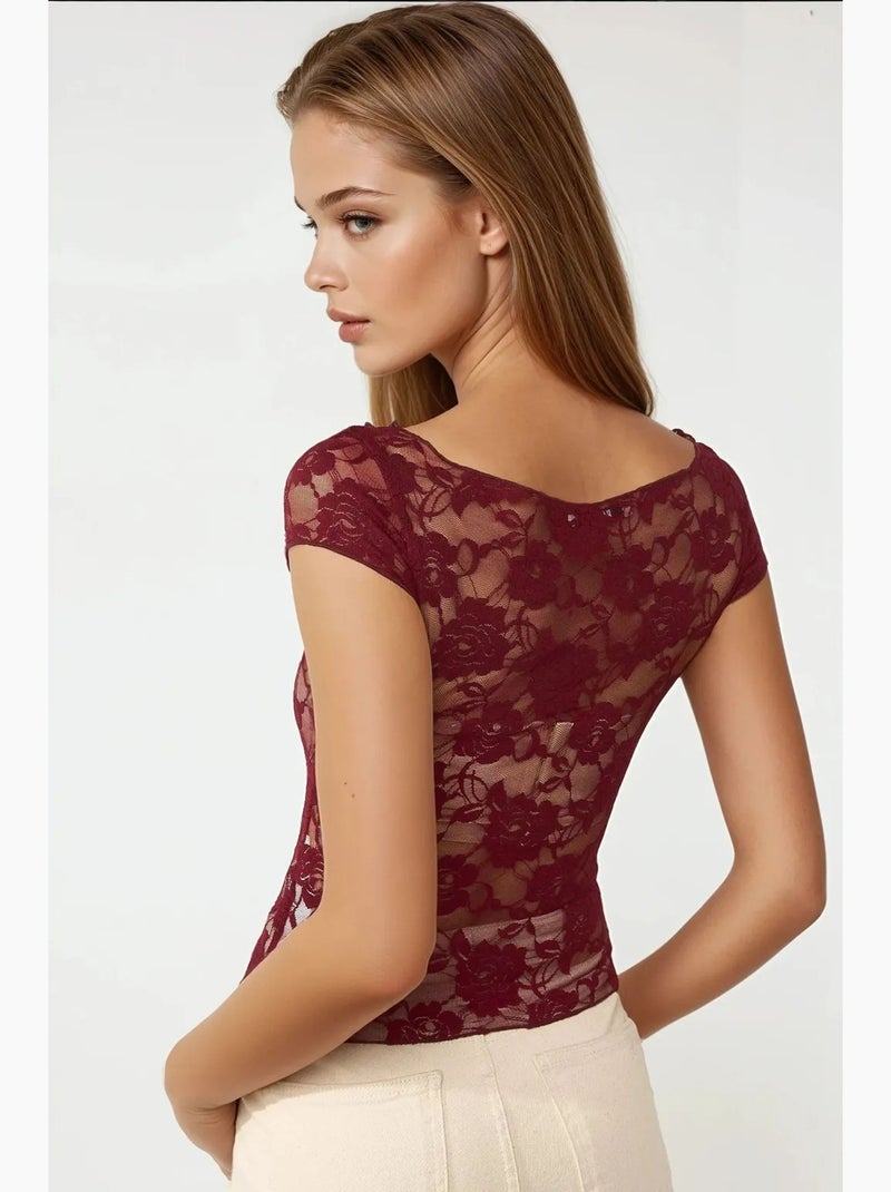 Top corto in pizzo floreale pika collection hiccup Rosso bordeaux - Kiabi