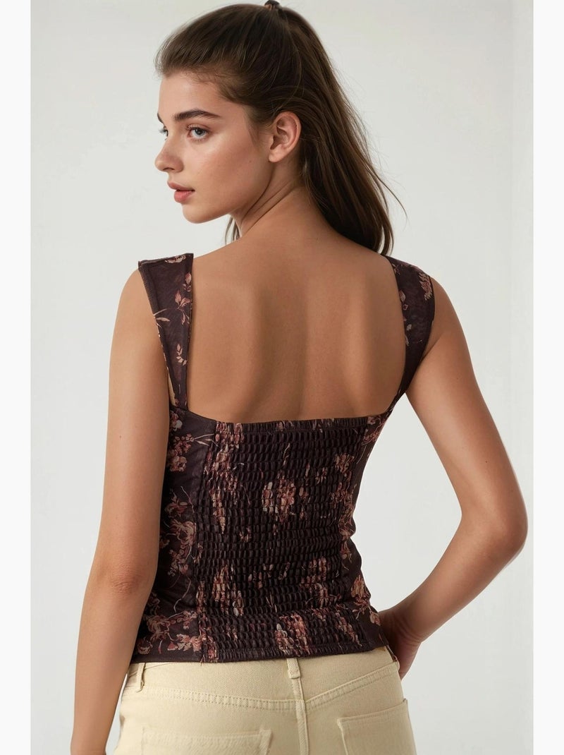 Top corto in tulle stampato con colletto a cuore hiccup Marrone cioccolato - Kiabi