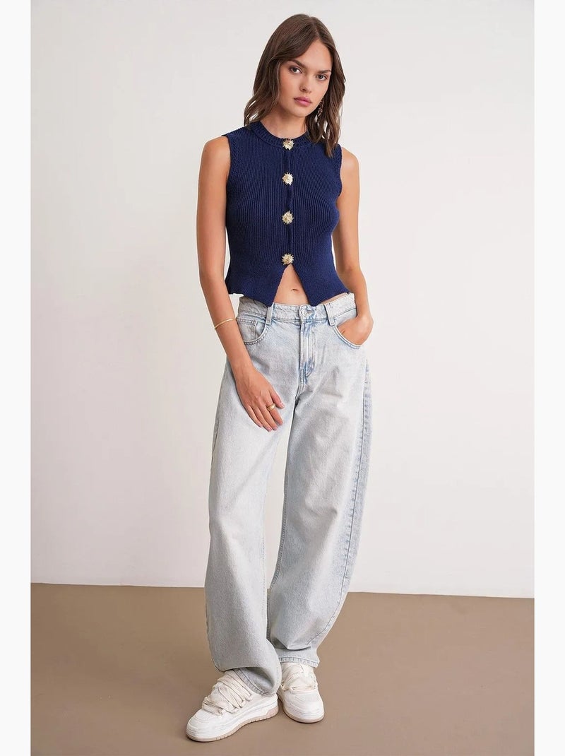 Top corto maglia testurizzata bottoni mixray Blu marino - Kiabi