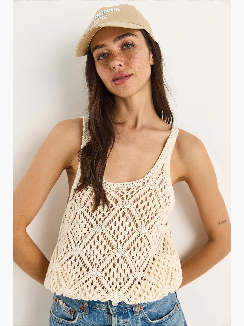 Top corto scollo tondo con pizzo lucci Bianco sporco - Kiabi