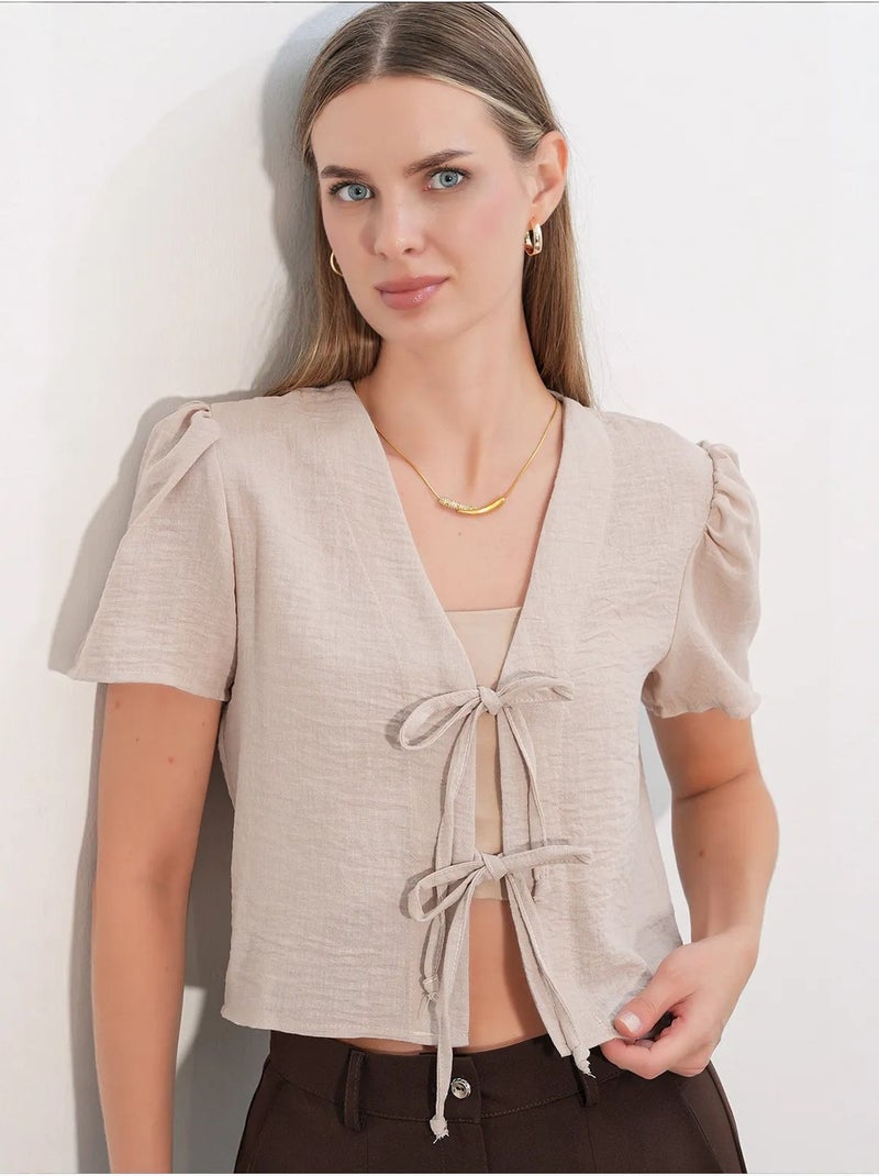 Top corto testurizzato in misto lino con scollo a v bdart Beige argilla - Kiabi