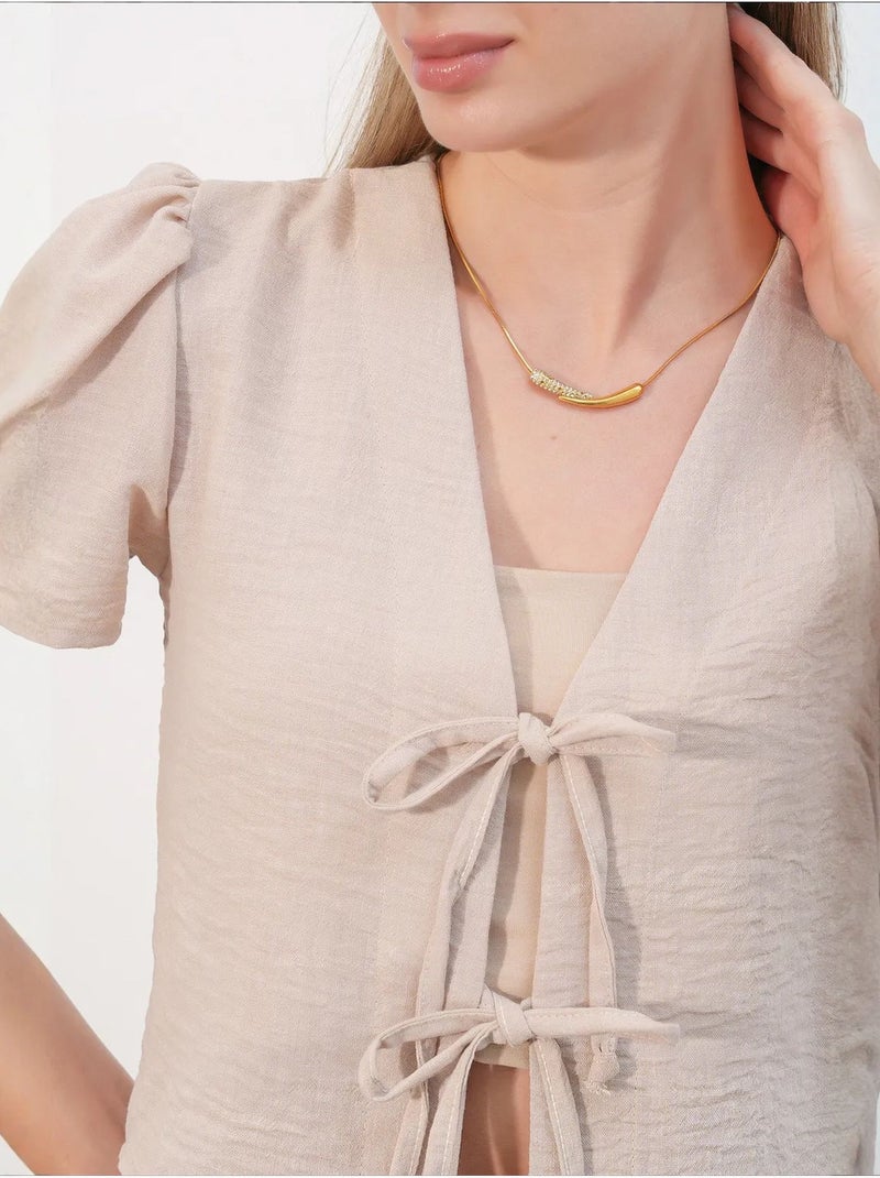 Top corto testurizzato in misto lino con scollo a v bdart Beige argilla - Kiabi