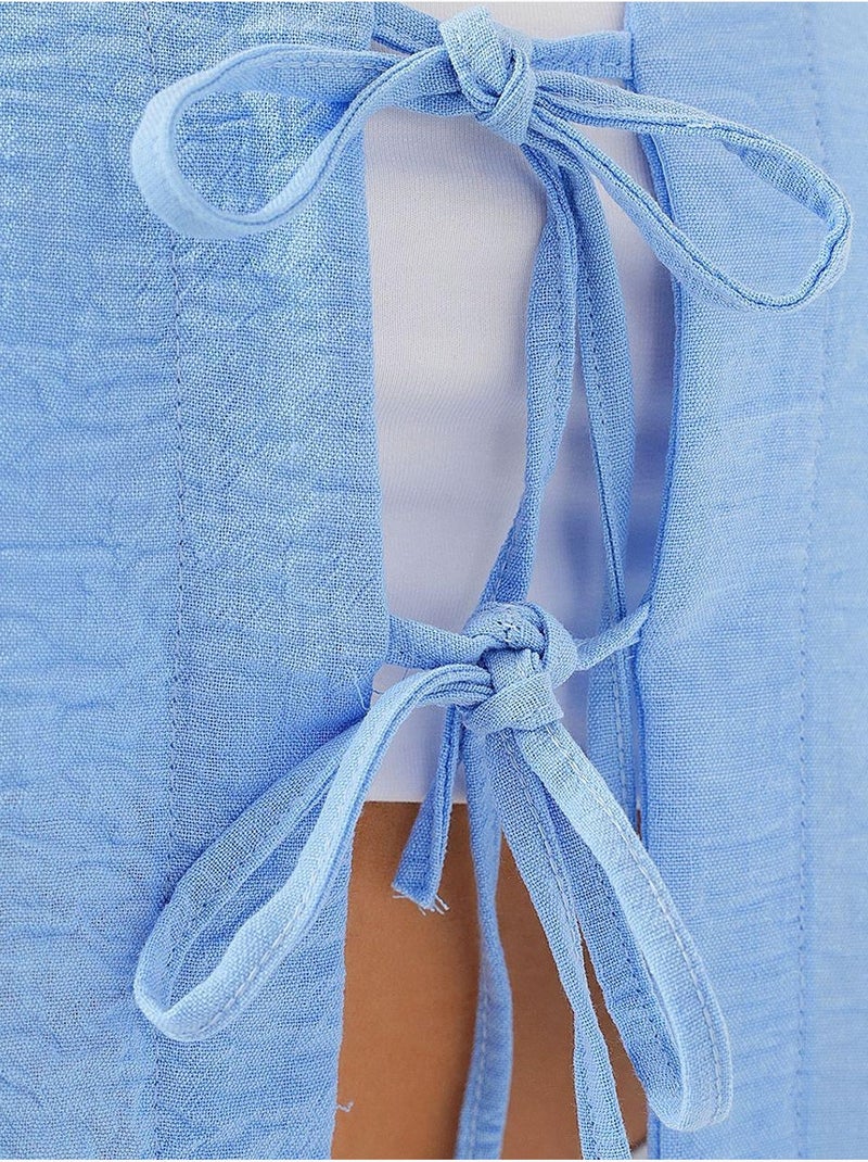 Top corto testurizzato in misto lino con scollo a v bdart Blu chiaro - Kiabi