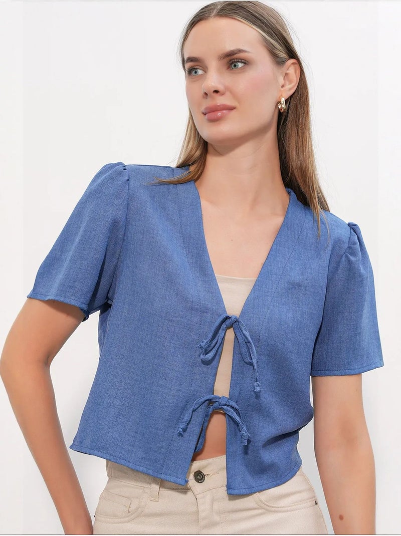 Top corto testurizzato in misto lino con scollo a v bdart Blu - Kiabi