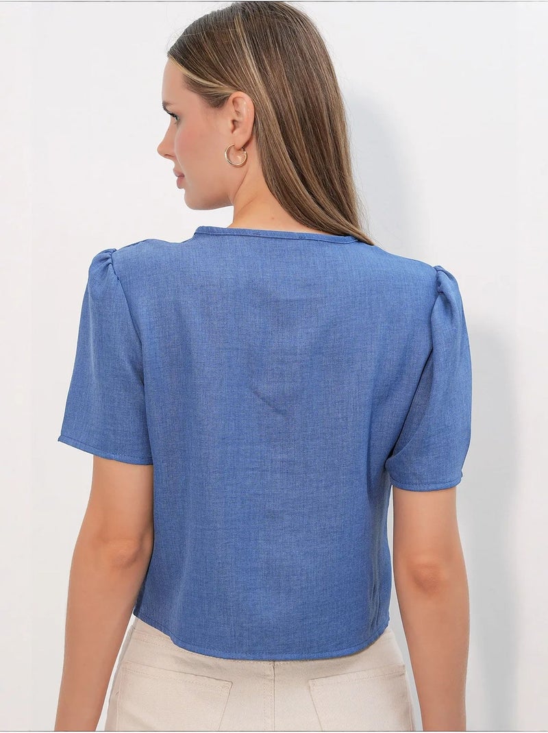 Top corto testurizzato in misto lino con scollo a v bdart Blu - Kiabi