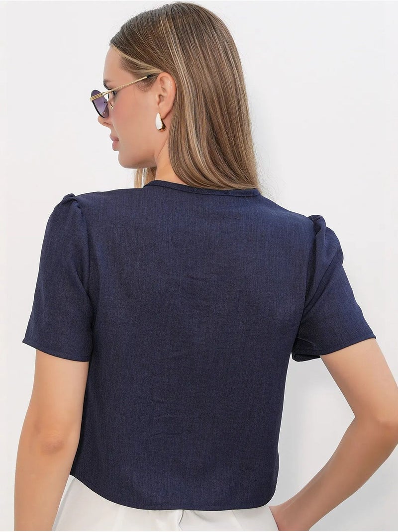 Top corto testurizzato in misto lino con scollo a v bdart Blu marino - Kiabi
