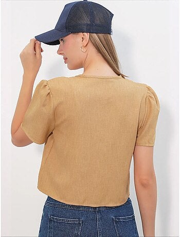 Top corto testurizzato in misto lino con scollo a v bdart