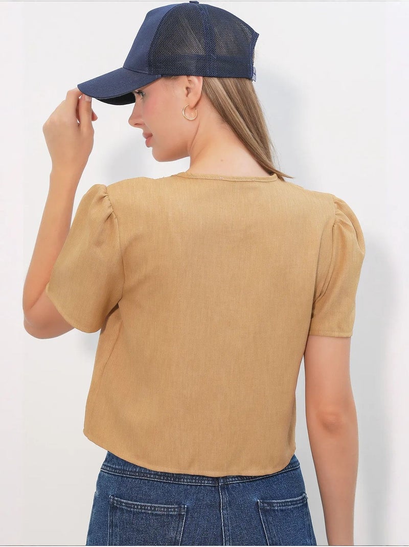 Top corto testurizzato in misto lino con scollo a v bdart Cammello - Kiabi