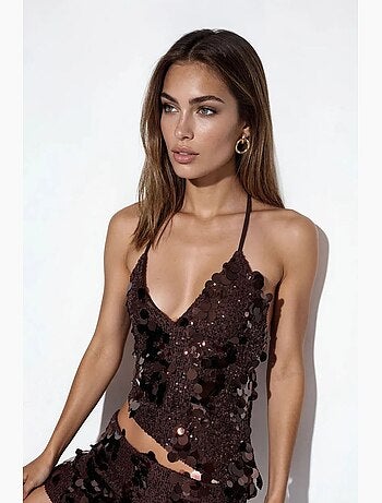 Top crop da donna con scollo all'americana e dettaglio di paillettes busem