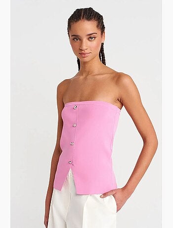 Top crop in maglia a coste senza spalline con bottoni dilvin