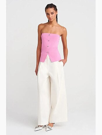 Top crop in maglia a coste senza spalline con bottoni dilvin