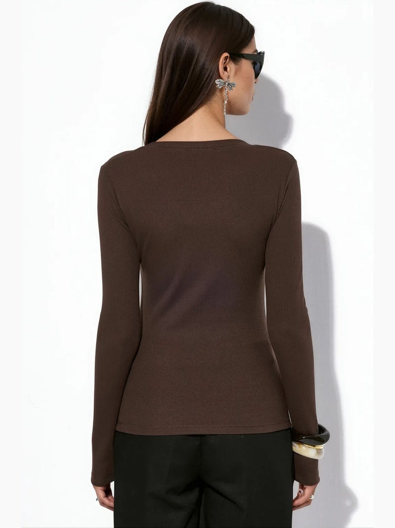 Top da donna a maniche lunghe a coste, slim fit busem Marrone cioccolato - Kiabi