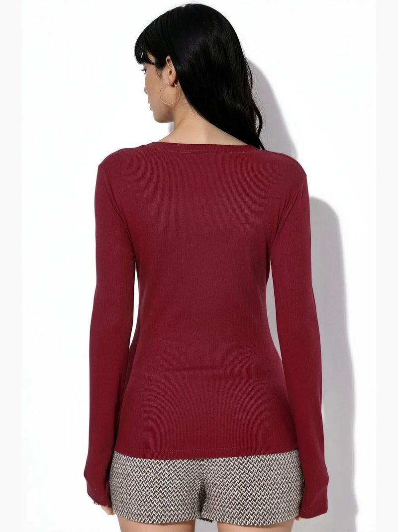Top da donna a maniche lunghe a coste, slim fit busem Rosso bordeaux - Kiabi