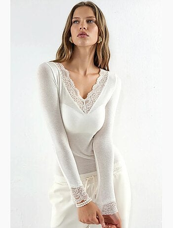 Top da donna in pizzo a maniche lunghe con scollo a v busem