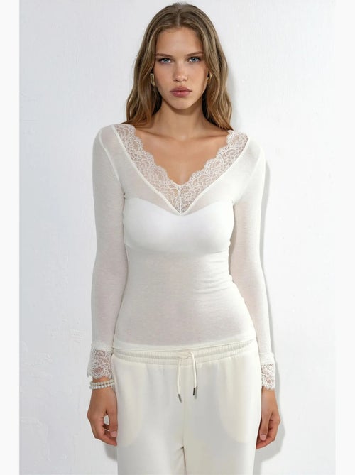 Top da donna in pizzo a maniche lunghe con scollo a v busem - Kiabi Top da donna in pizzo a maniche lunghe con scollo a v busem - Kiabi