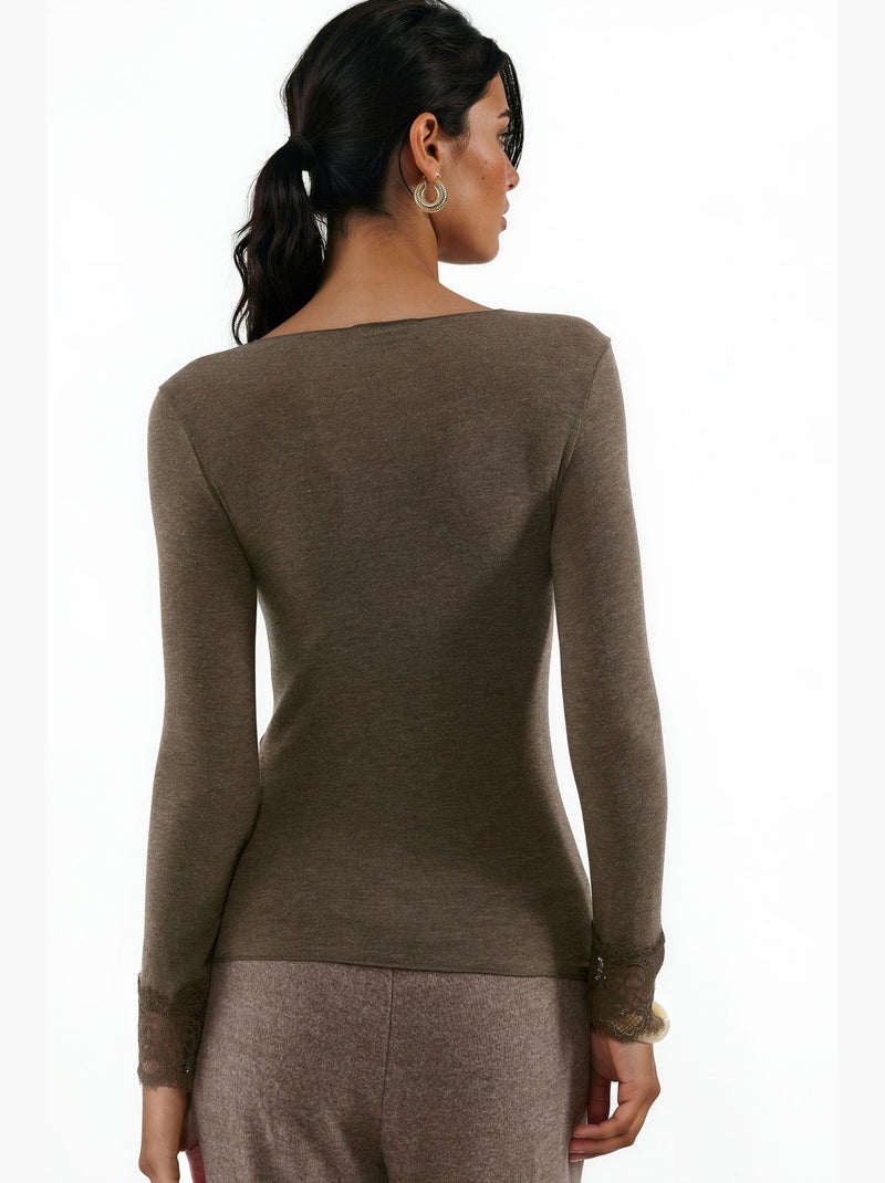 Top da donna in pizzo a maniche lunghe con scollo a v busem Marrone cioccolato - Kiabi