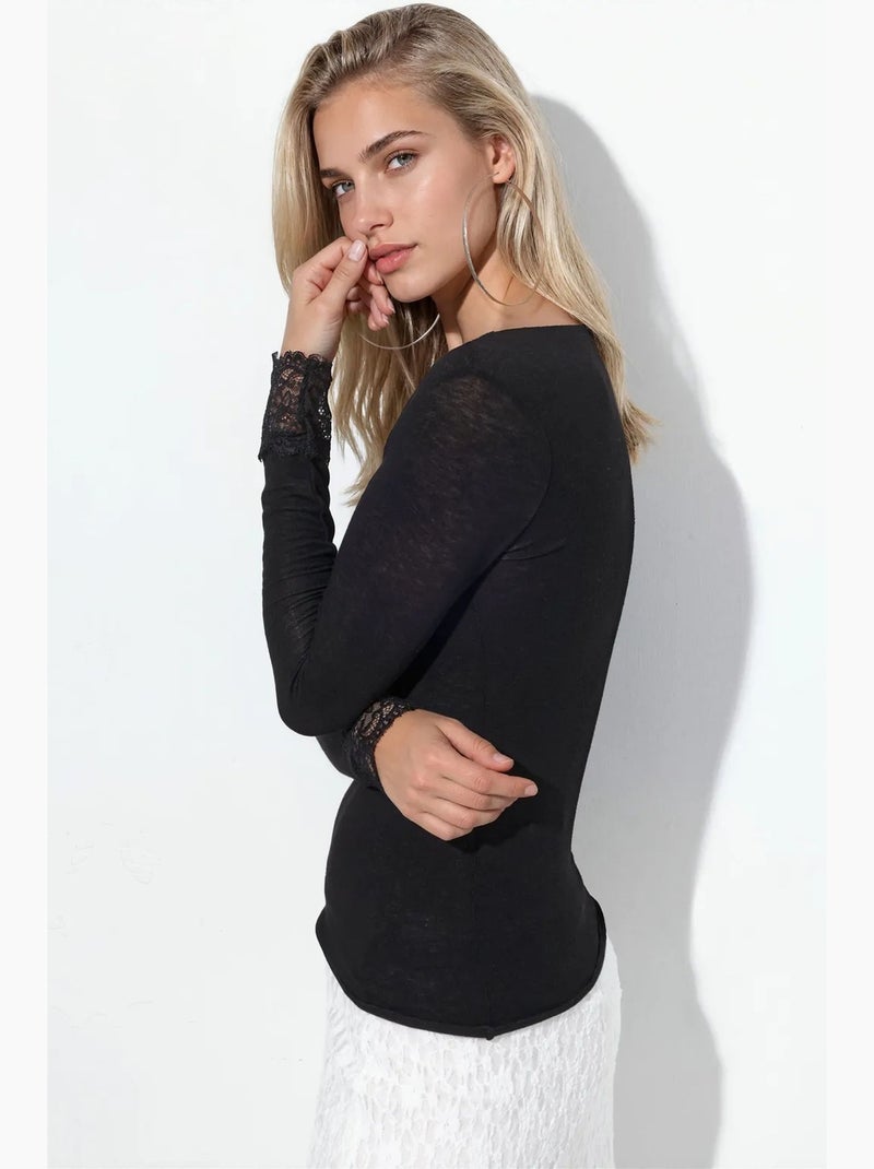 Top da donna in pizzo a maniche lunghe con scollo a v busem Nero - Kiabi