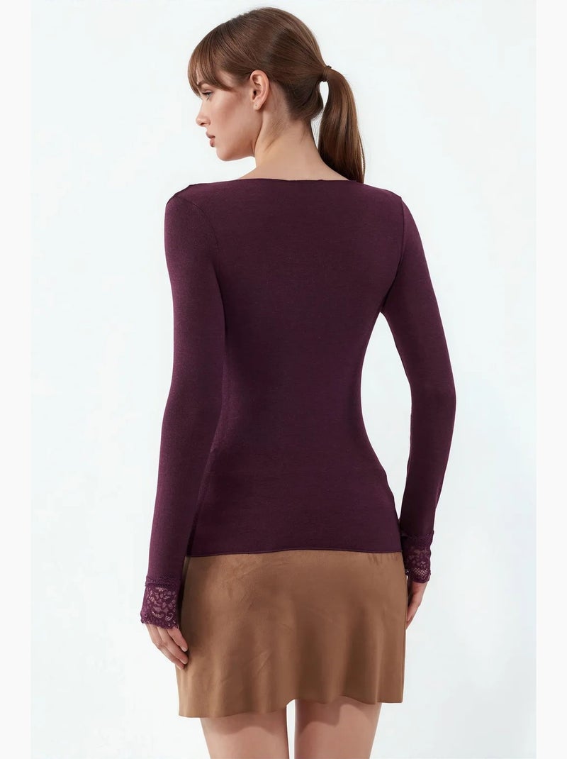 Top da donna in pizzo a maniche lunghe con scollo a v busem Rosso bordeaux - Kiabi