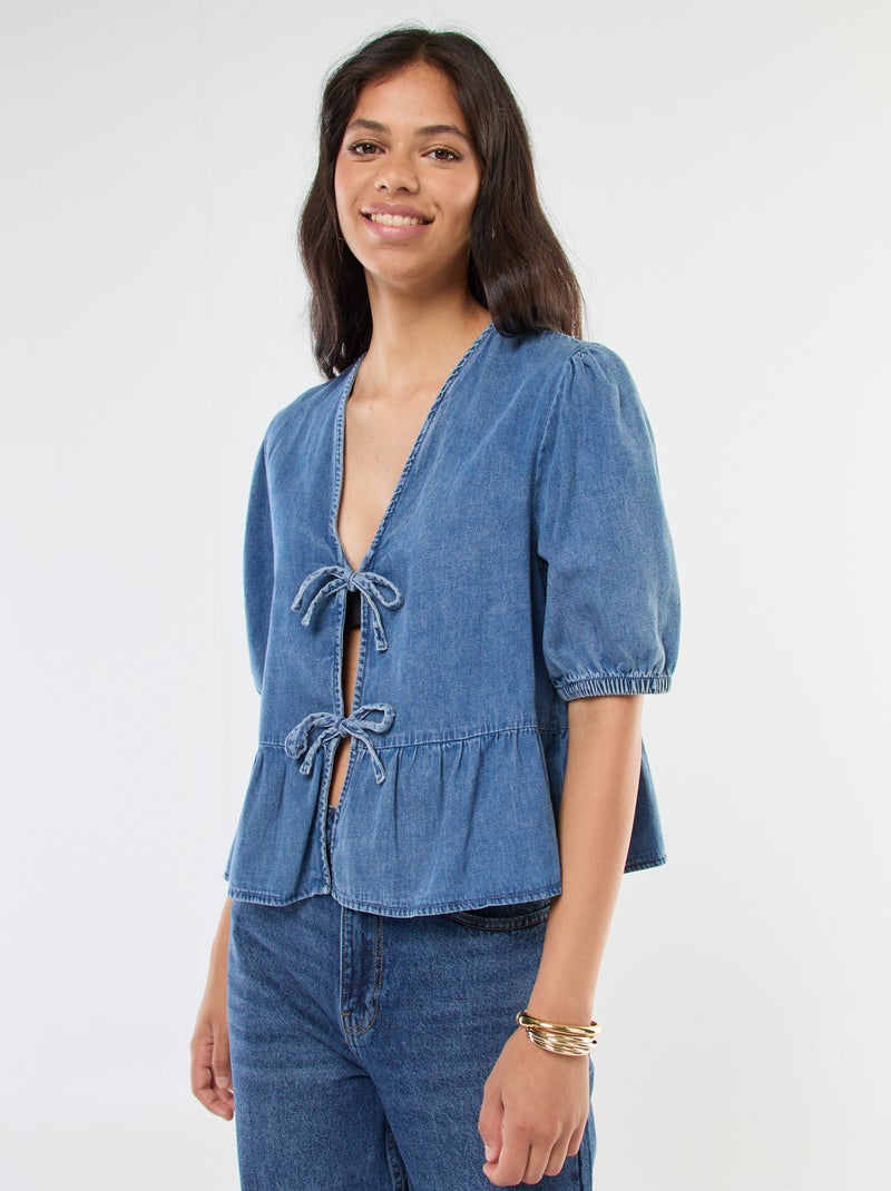 Top gilet in denim con lacci da annodare davanti, taglio cropped Blu - Kiabi