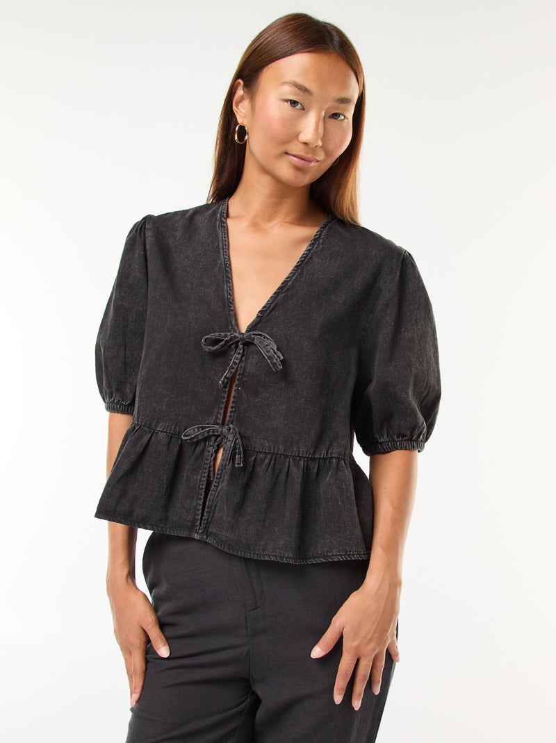 Top gilet in denim con lacci da annodare davanti, taglio cropped Nero - Kiabi