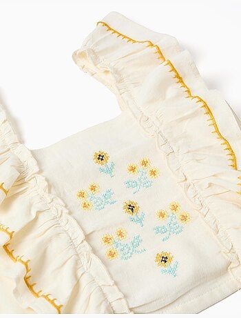 Top in cotone e lino con spalline arricciate