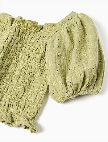 Top in cotone in ricamo inglese con maniche a palloncino