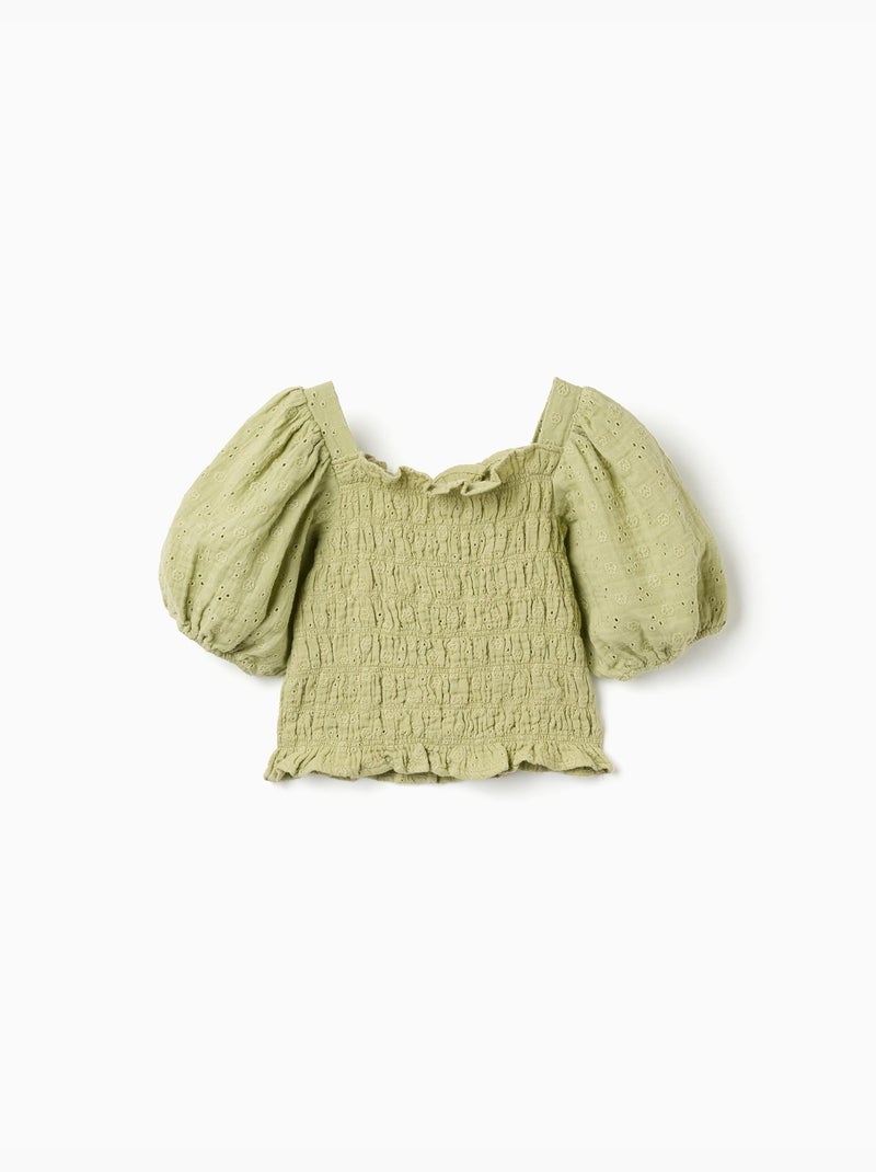 Top in cotone in ricamo inglese con maniche a palloncino Verde chiaro - Kiabi