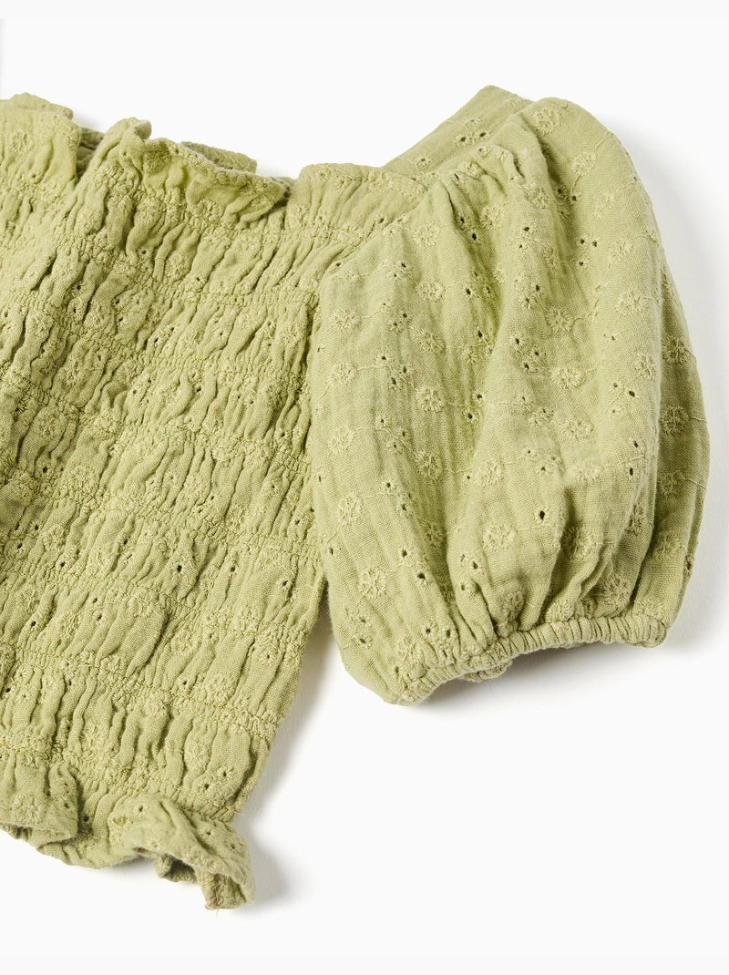 Top in cotone in ricamo inglese con maniche a palloncino Verde chiaro - Kiabi