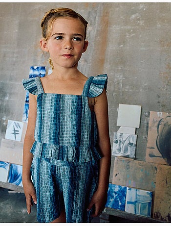 Top in cotone senza maniche a righe e con volant