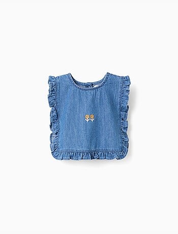 Top in denim stile poncho con volant e ricamo